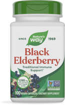 A green and white bottle labeled "Nature's Way Black Elderberry" contains 100 vegan capsules, promoting traditional immune support with 1,150 mg of berry and flower per two-capsule serving.