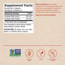 Supplement facts label for a dietary supplement, detailing serving size, ingredients like European Elder, and notes on gluten-free, vegan, and no artificial colors, set against a textured beige background.