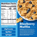 A bowl of blueberry muffin-flavored snack pieces is displayed, featuring a mix of golden squares and dark blueberries, alongside a nutrition facts panel highlighting key ingredients and nutritional information.