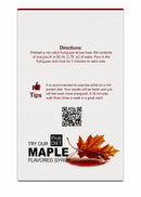 A product package for ProtiDiet Maple Flavored Syrup displays cooking directions, tips for exercise, and a QR code, with a graphic of maple leaves and syrup on the bottom.