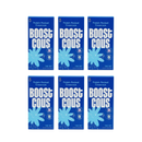 Six boxes of "Boost Cous," a protein-packed couscous product, arranged in two rows, featuring a bright blue design with large white text and floral graphics.
