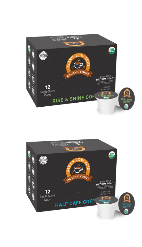 Two boxes of Alex's Low Acid Organic Coffee, labeled "Rise & Shine Coffee" and "Half Caff Coffee," each containing 12 single-serve cups, displayed against a black background.