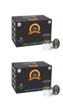 Two boxes of Alex's Low Acid Organic Coffee, labeled "Rise & Shine Coffee" and "Half Caff Coffee," each containing 12 single-serve cups, displayed against a black background.