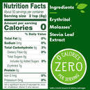 Nutrition facts label displays zero calories per serving, ingredients including erythritol, molasses, and stevia leaf extract, emphasizing its low-calorie content with a green "ZERO" badge.