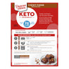 A package of Duncan Hines Chewy Fudge Brownie Mix features a red background with keto-friendly labeling, instructions, and a photo of brownies topped with nuts on a plate.