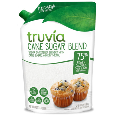 A pouch of Truvia Cane Sugar Blend, featuring a blend of stevia, cane sugar, and erythritol, is displayed alongside two blueberry muffins, highlighting its low-calorie content and baking versatility.