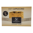A box of Diet Cappuccino cheesecake cups is displayed, featuring a creamy dessert with swirls, labeled as a family pack containing six 2.5-ounce cups, highlighting premium ingredients and gluten-free options.