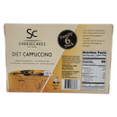 A family-sized pack of Diet Cappuccino cheesecakes features a creamy dessert with a swirl design, highlighting premium ingredients and nutritional information on the back.