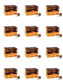 Twelve boxes of caramel-flavored coffee pods are arranged in a grid, each box displaying the flavor and quantity, with a coffee pod visible beside each box.