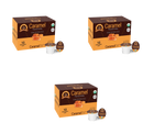 Three boxes of caramel-flavored coffee pods are displayed, each containing 12 single-serve cups, with the packaging prominently featuring the flavor name and a caramel image.