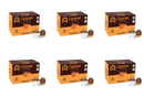 A display of six boxes of caramel-flavored coffee pods, each containing 12 single-serve cups, featuring a caramel candy graphic and USDA organic certification.