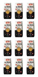 Twelve bags of Al Dente protein pasta, featuring a black and white checkered design with the text "Pasta Done Right" and "30g Protein," are arranged in a grid pattern on a plain background.