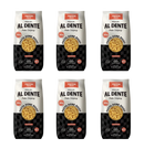 Six bags of Al Dente protein pasta are arranged in a grid, each featuring a clear window showcasing the cavatappi pasta inside, with bold text highlighting protein content and brand details.