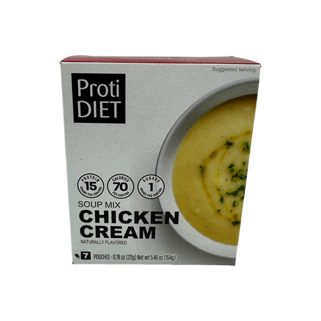 A box of ProtiDIET Chicken Cream Soup Mix displays a creamy soup in a bowl, highlighting nutritional information with 15 grams of protein, 70 calories, and 1 gram of sugar per serving.