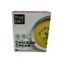 A box of ProtiDIET Chicken Cream Soup Mix displays a creamy soup in a bowl, highlighting nutritional information with 15 grams of protein, 70 calories, and 1 gram of sugar per serving.