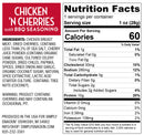 Nutrition facts label for "Chicken 'n Cherries with BBQ Seasoning," detailing ingredients, serving size, and nutritional information, including calories, fats, protein, and minerals.
