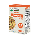 A box of Explore Cuisine Organic Chickpea Fusilli features a colorful pasta dish on the front, highlighting its 20 grams of protein per serving and listing nutrition facts on the side.