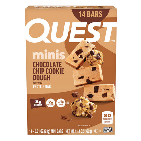 A box of Quest Minis chocolate chip cookie dough protein bars displays 14 individually wrapped bars, highlighting their low sugar and high protein content with images of the bars and cookie dough.