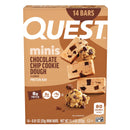 A box of Quest Minis chocolate chip cookie dough protein bars displays 14 individually wrapped bars, highlighting their low sugar and high protein content with images of the bars and cookie dough.