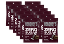 A collection of Hershey's Zero Sugar chocolate candy bags is displayed, featuring a maroon background with bold white text and images of the candy, emphasizing that it is aspartame-free and low-calorie.