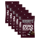 Six packages of Hershey's Zero Sugar chocolate candy are displayed, each labeled with nutritional information and emphasizing that they are aspartame-free.