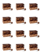 Twelve boxes of chocolate-flavored coffee pods are arranged in a grid, each box displaying the product name and quantity, with a coffee pod beside each box.