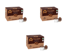 Three boxes of chocolate-flavored coffee pods are displayed, each containing 12 single-serve cups, featuring a brown design with images of chocolate pieces and branding.