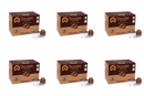 A grid of six boxes of chocolate-flavored coffee, each containing 12 single-serve cups, features a brown design with images of chocolate pieces and labels indicating organic certification.