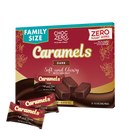 A family-sized box of ChocZero dark caramels, labeled as soft and chewy with sea salt, features three individually wrapped pieces in front of the box, highlighting its zero sugar and gluten-free attributes.