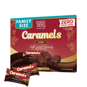 A family-sized box of ChocZero dark caramels, labeled as soft and chewy with sea salt, features three individually wrapped pieces in front of the box, highlighting its zero sugar and gluten-free attributes.