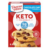 A box of Duncan Hines Keto Friendly Chocolate Chip Cookie Mix features a stack of cookies with chocolate chips, highlighting "gluten-free" and "5g net carbs per serving" on a red background.