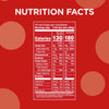 A nutrition facts label on a red background details the contents of a food product, including calories, fats, carbohydrates, sugars, protein, and vitamins per serving size.