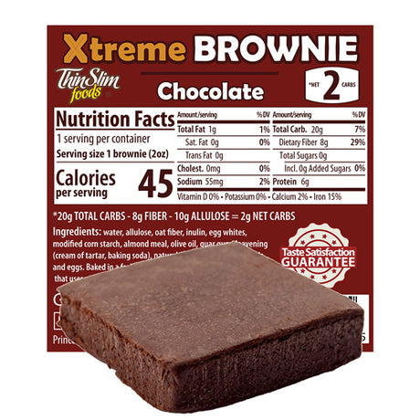 A chocolate brownie sits in front of a nutrition label highlighting its low calorie and carb content, indicating 45 calories and 2 net carbs per serving for a healthier dessert option.