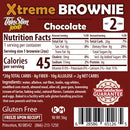 Nutrition label for ThinSlim Foods Xtreme Brownie in chocolate flavor, detailing serving size, calories, and key nutritional information, with a gluten-free guarantee and satisfaction promise.