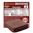 A chocolate brownie sits in front of a nutrition label highlighting its low calorie and carb content, indicating 45 calories and 2 net carbs per serving for a healthier dessert option.