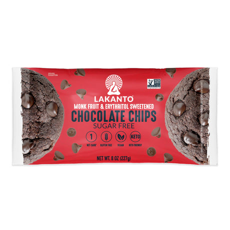 A red package of Lakanto sugar-free chocolate chips features a cookie with chocolate chips, highlighting that it's sweetened with monk fruit and erythritol, and is vegan, gluten-free, and keto-friendly.
