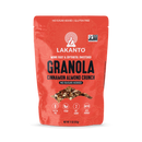 A bright red bag of Lakanto Cinnamon Almond Crunch granola features bold text highlighting it is gluten-free, vegan, and sweetened with monk fruit and erythritol, with no added sugar.