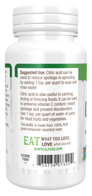 A white plastic bottle of citric acid with a screw-on cap features a label detailing its uses for preserving food and reducing spoilage, along with recycling information and a website link.