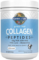 A white container of Garden of Life grass-fed collagen peptides sits on a flat surface, featuring a blue label that highlights benefits for hair, skin, nails, and joints, with "unflavored" noted prominently.