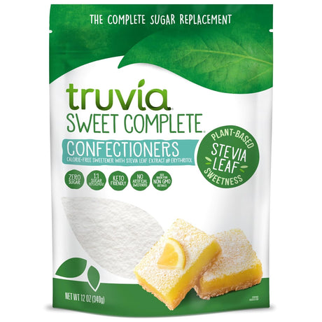 A 12-ounce package of Truvía Sweet Complete Confectioners, a calorie-free sweetener made from stevia leaf extract and erythritol, features a lemon dessert on the front.