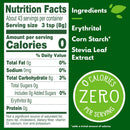Nutrition facts label on a green background detailing ingredients like erythritol and stevia, highlighting zero calories per serving and listing nutritional values for a sweetener product.