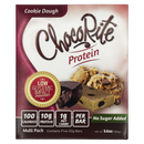 A multi-pack box of ChocoRite protein bars in cookie dough flavor, featuring images of the bars and cookie dough with labels highlighting low calories, protein content, and no added sugar.