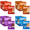 Four colorful boxes of Quest protein cookies are displayed, featuring flavors like Peanut Butter Chocolate Chip, Peanut Butter, Double Chocolate Chip, and Chocolate Chip, each with individual cookie packaging.