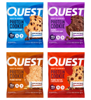 Four colorful packaging designs for Quest protein cookies are displayed, featuring flavors: Chocolate Chip, Double Chocolate Chip, Peanut Butter, and Peanut Butter Chocolate Chip, each highlighting protein content and softness.
