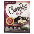 A box of ChocoRite Cookies n Cream protein bars features a creamy bar with cookie pieces, highlighting nutritional information like 100 calories and 10g protein per bar, and notes "No Sugar Added."