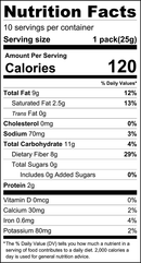 Nutrition facts label detailing serving size, calories, and nutrient content, including total fat, carbohydrates, sugars, protein, and vitamins, presented in a clear, organized format.