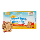 A box of ChocZero gluten-free breakfast biscuits in cranberry orange flavor, featuring several biscuits stacked beside the box, with orange slices and cranberries in the foreground.
