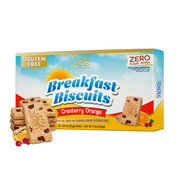 A box of ChocZero gluten-free breakfast biscuits in cranberry orange flavor, featuring several biscuits stacked beside the box, with orange slices and cranberries in the foreground.