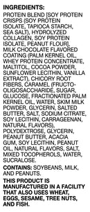 A list of ingredients for a protein product, detailing components like soy protein, milk chocolate flavoring, and various allergens, emphasizing the presence of soybeans, milk, and peanuts.