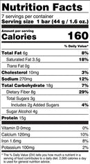 A nutrition facts label displays detailed information about a food product, including serving size, calories, and nutrient content such as fats, carbohydrates, and protein.
